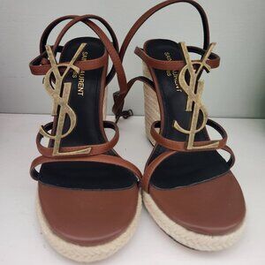 YSL Saint Laurent Espadrille Wedge Sandals – Size 37, Brown Leather, Like New
